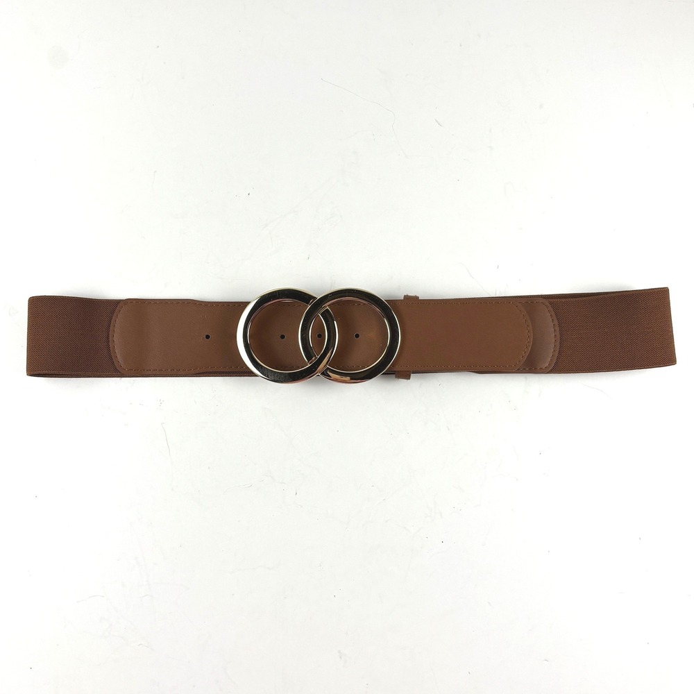 Elastic Waist Belt Women OS Brown Double Circle Gold Buckle Cinch Classic Modern